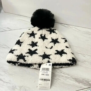 Jenni Pom Pom Beanie Hat White Black Stars Details Soft Cozy